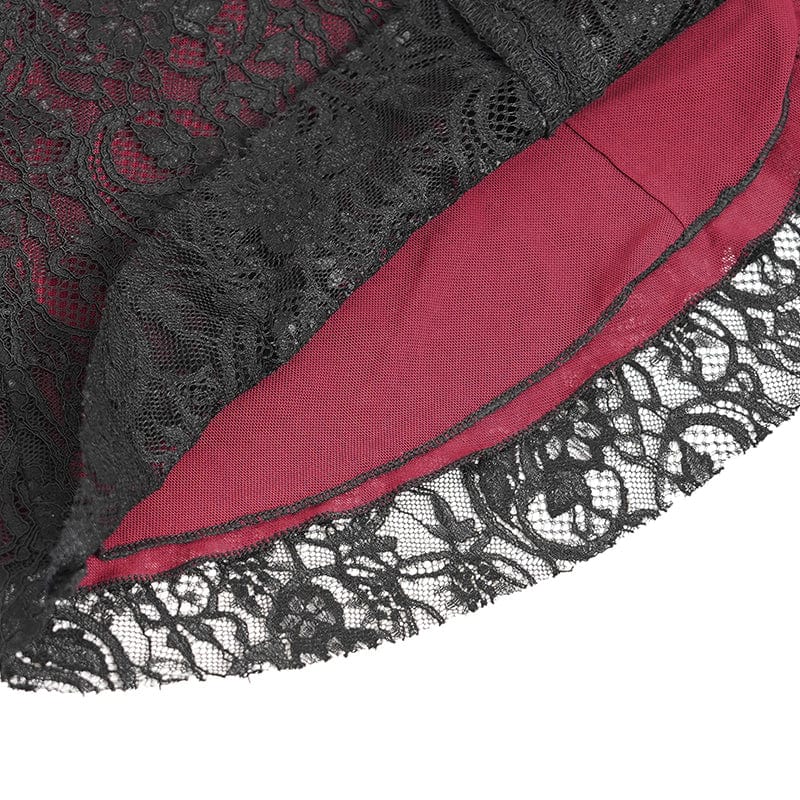 DEVIL FASHION Women's Gothic Flared Sleeved Beaded Lace Splice Shirt Red