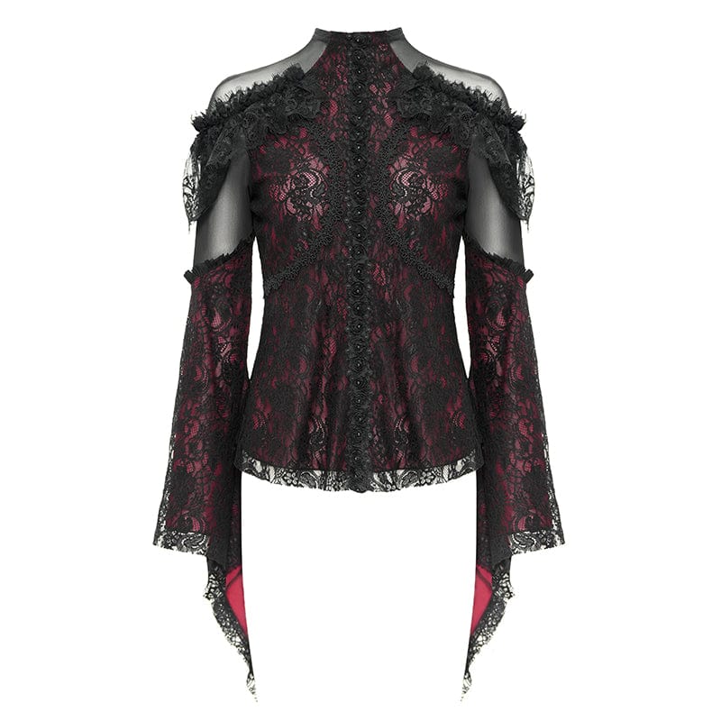 DEVIL FASHION Women's Gothic Flared Sleeved Beaded Lace Splice Shirt Red
