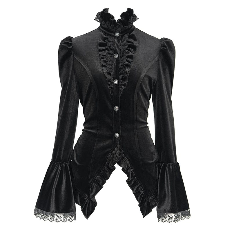 DEVIL FASHION Women's Gothic Flared Sleeved Ruffled Swallow-tailed Shirt Black