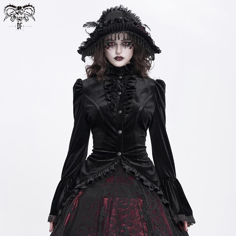 DEVIL FASHION Women's Gothic Flared Sleeved Ruffled Swallow-tailed Shirt Black