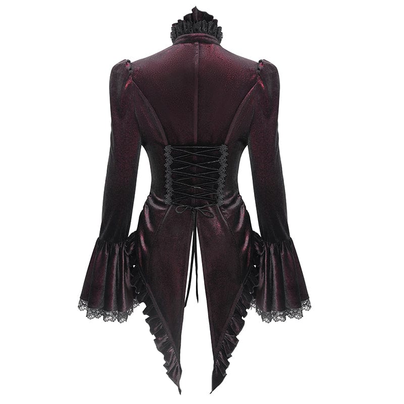 DEVIL FASHION Women's Gothic Flared Sleeved Ruffled Swallow-tailed Shirt Red