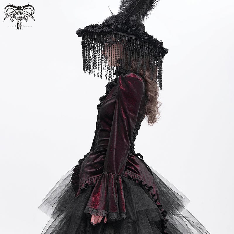 DEVIL FASHION Women's Gothic Flared Sleeved Ruffled Swallow-tailed Shirt Red