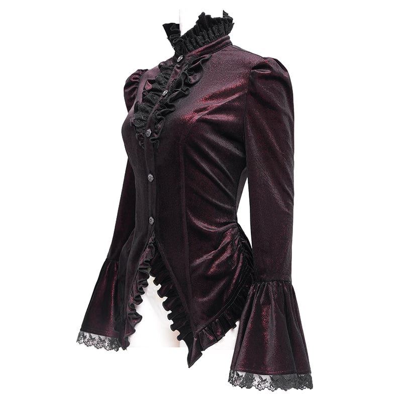 DEVIL FASHION Women's Gothic Flared Sleeved Ruffled Swallow-tailed Shirt Red