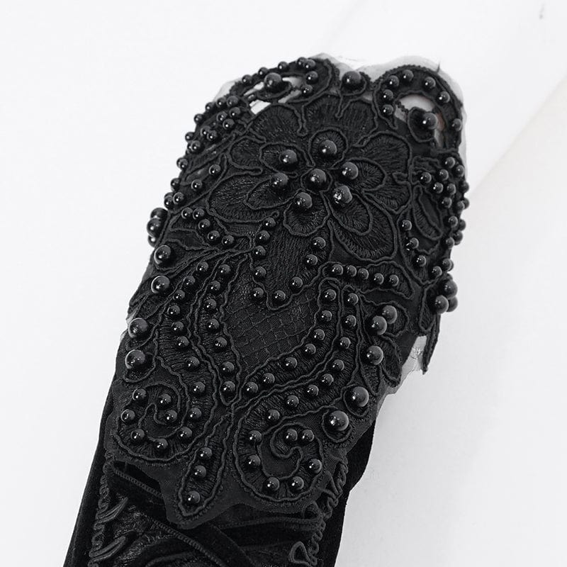 DEVIL FASHION Women's Gothic Floral Beaded Velvet Gloves