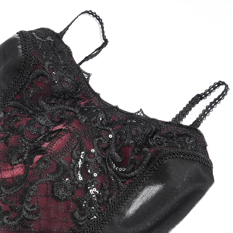 DEVIL FASHION Women's Gothic Floral Embroidered Beaded Multilayer Slip Dress Black