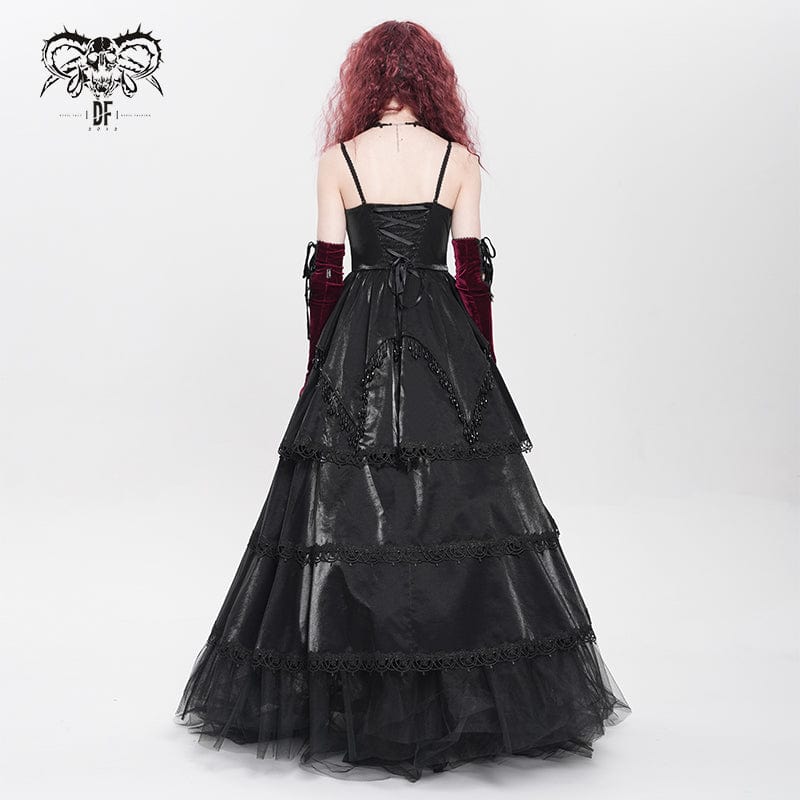 DEVIL FASHION Women's Gothic Floral Embroidered Beaded Multilayer Slip Dress Black