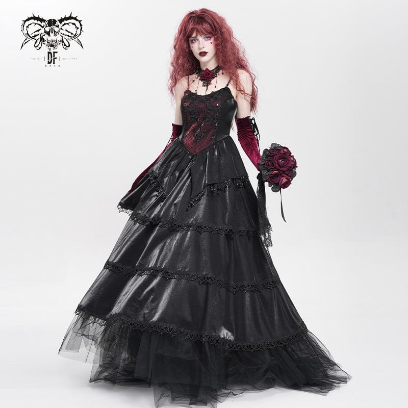 DEVIL FASHION Women's Gothic Floral Embroidered Beaded Multilayer Slip Dress Black