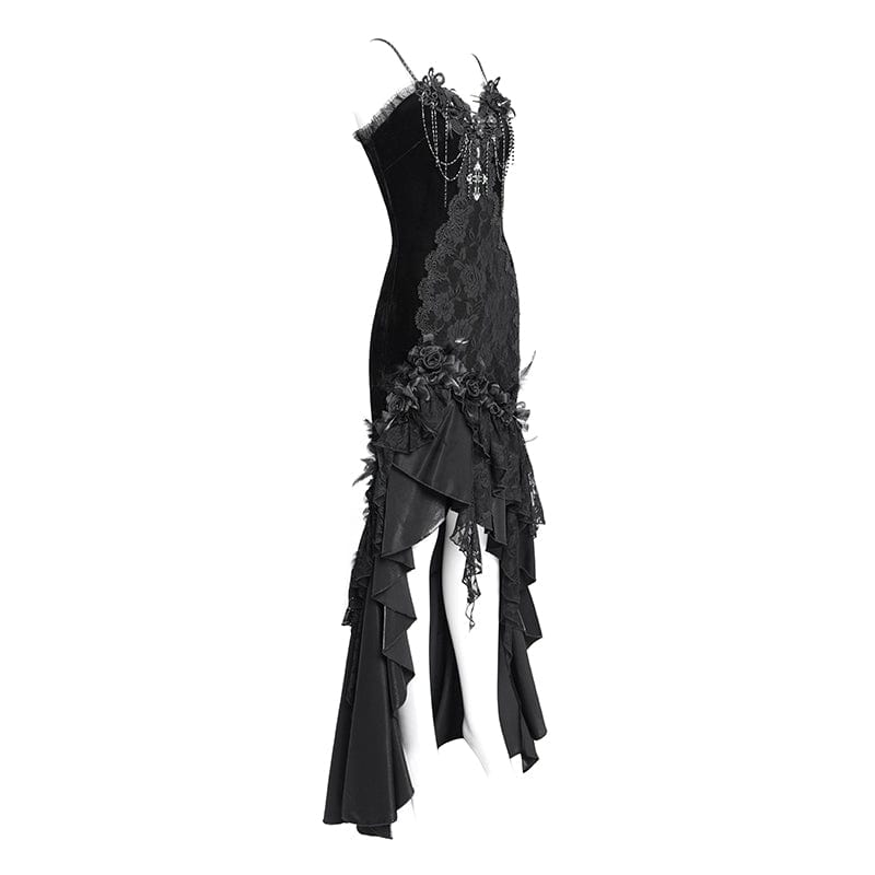DEVIL FASHION Women's Gothic Floral Embroidered Cross Ruffle Long Slip Dress Black