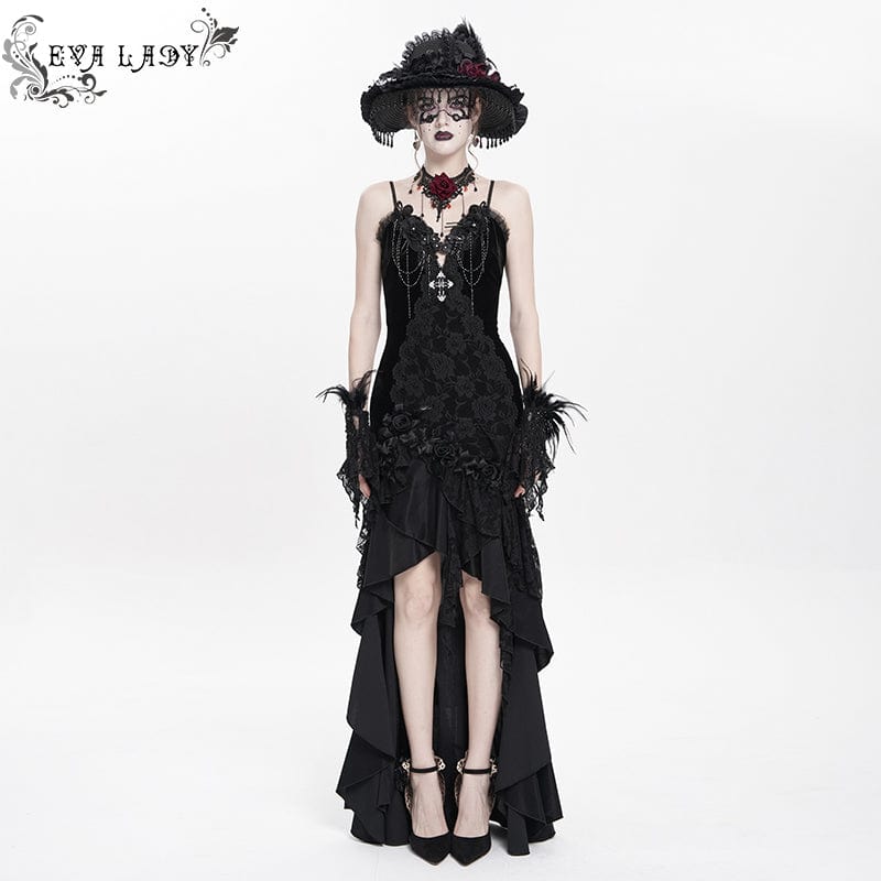 DEVIL FASHION Women's Gothic Floral Embroidered Cross Ruffle Long Slip Dress Black