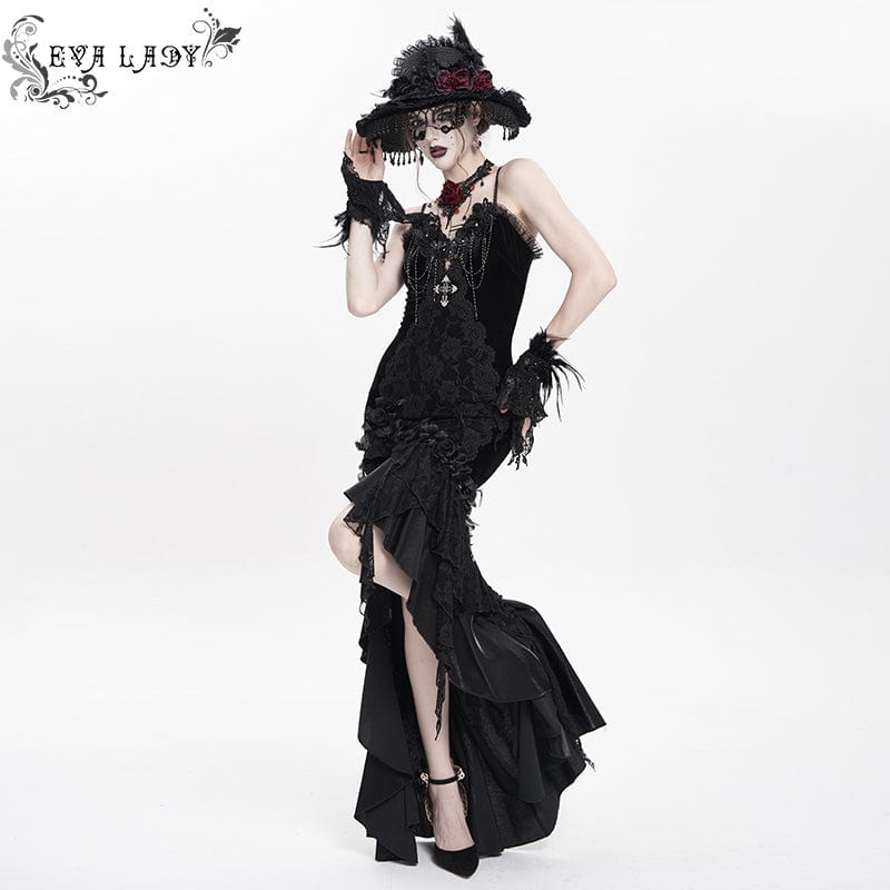 DEVIL FASHION Women's Gothic Floral Embroidered Cross Ruffle Long Slip Dress Black