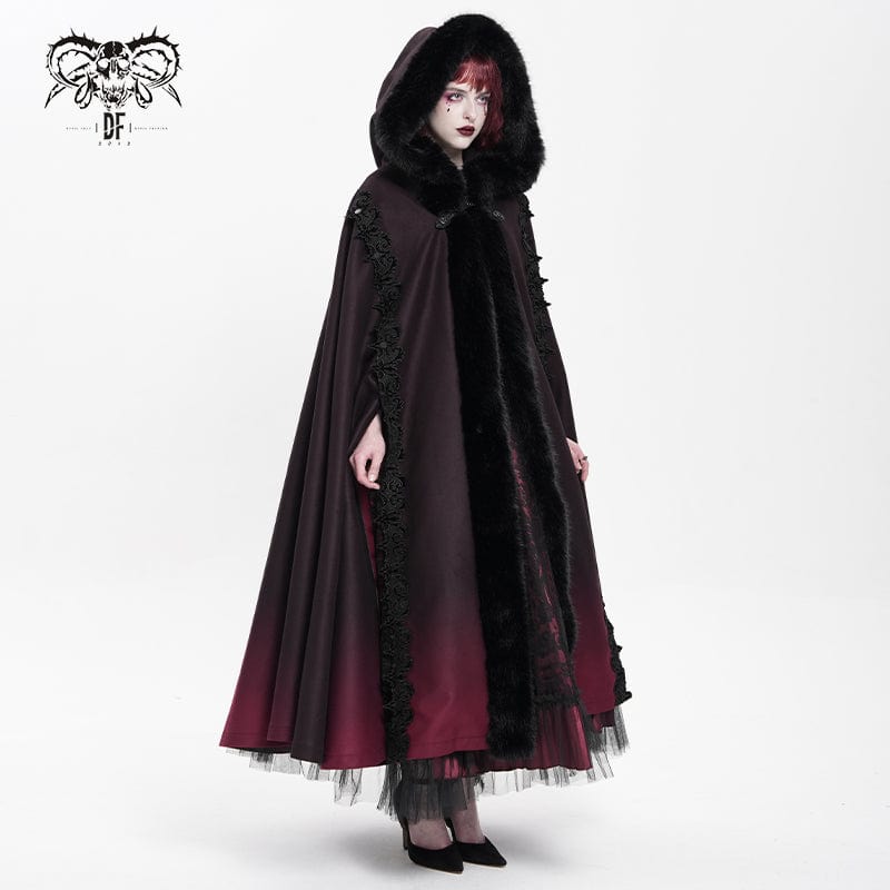 DEVIL FASHION Women's Gothic Floral Embroidered Gradient Hooded Cloak