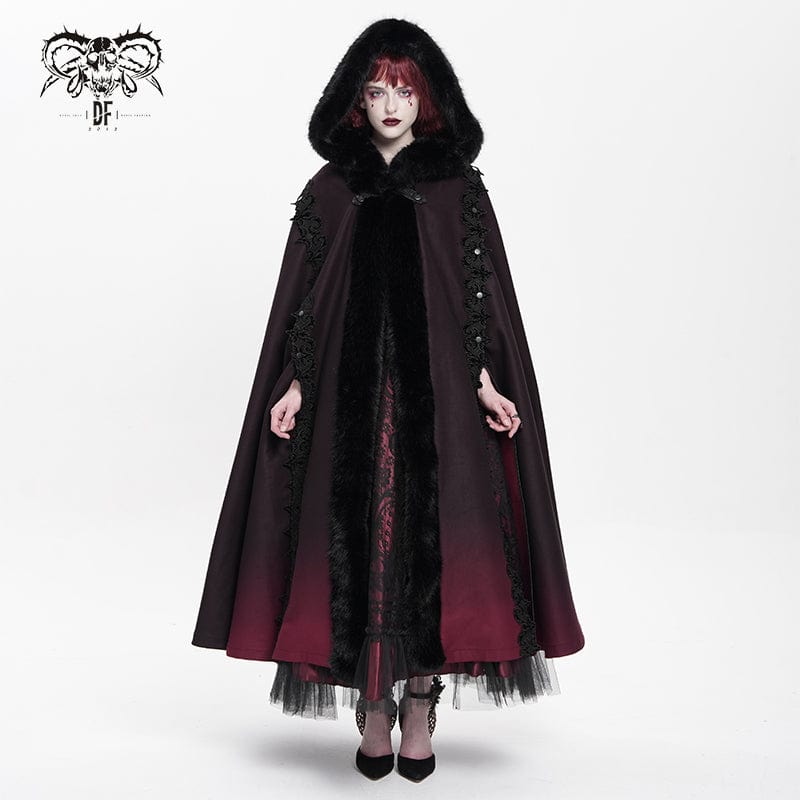 DEVIL FASHION Women's Gothic Floral Embroidered Gradient Hooded Cloak