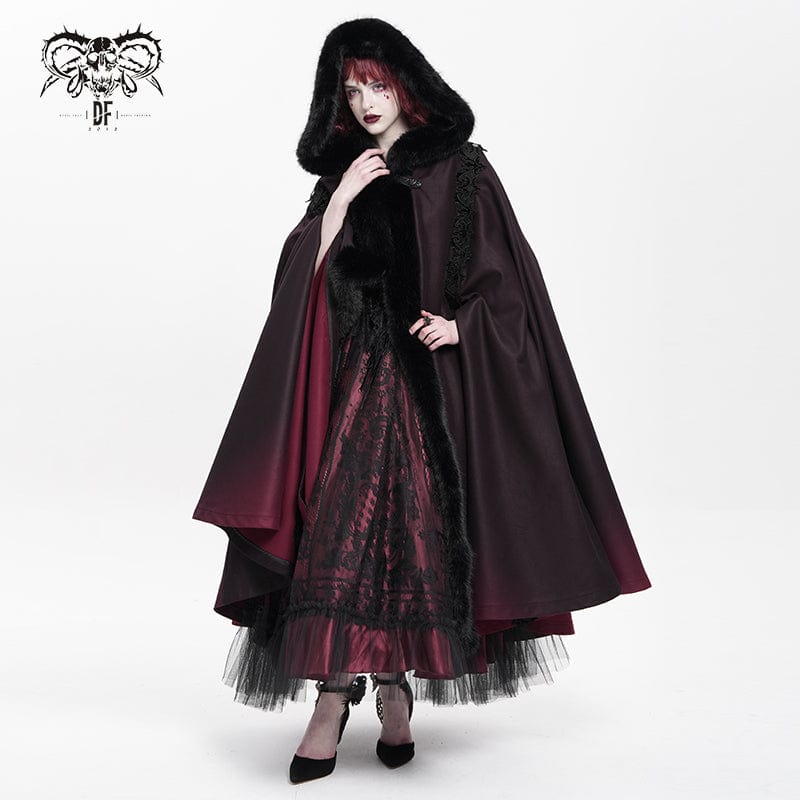 DEVIL FASHION Women's Gothic Floral Embroidered Gradient Hooded Cloak