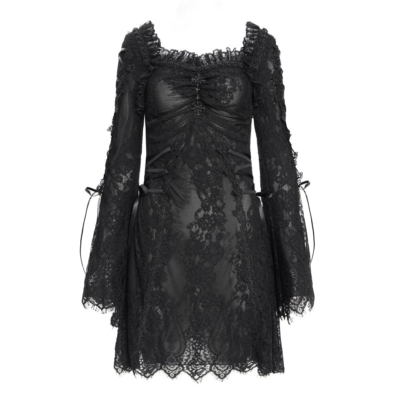 DEVIL FASHION Women's Gothic Floral Embroidered Lace-up Square-cut Collar Lace Dress Black