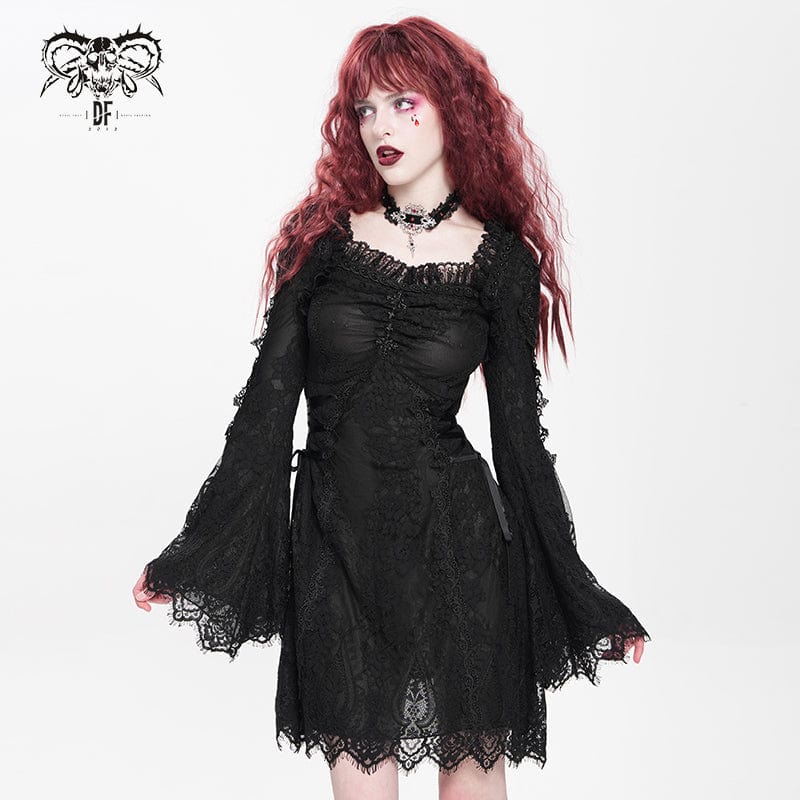 DEVIL FASHION Women's Gothic Floral Embroidered Lace-up Square-cut Collar Lace Dress Black