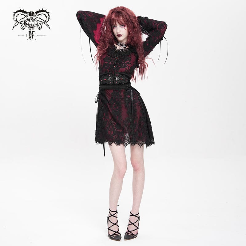 DEVIL FASHION Women's Gothic Floral Embroidered Lace-up Square-cut Collar Lace Dress Red