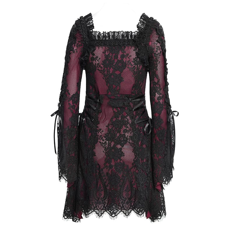 DEVIL FASHION Women's Gothic Floral Embroidered Lace-up Square-cut Collar Lace Dress Red