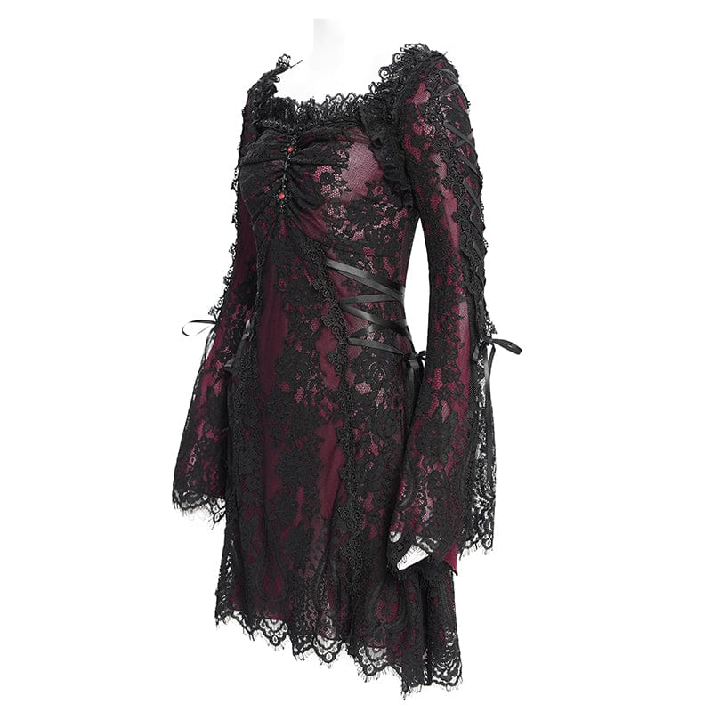 DEVIL FASHION Women's Gothic Floral Embroidered Lace-up Square-cut Collar Lace Dress Red