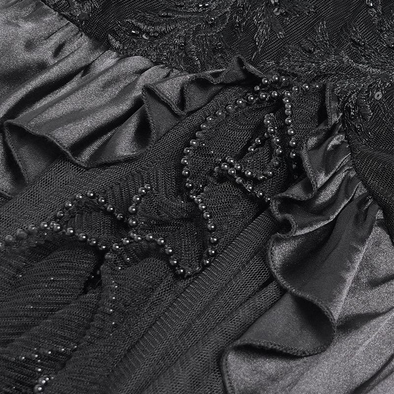 DEVIL FASHION Women's Gothic Floral Embroidered Mesh Hem Long Slip Dress