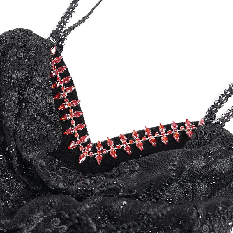 DEVIL FASHION Women's Gothic Floral Embroidered Mesh Hem Long Slip Dress