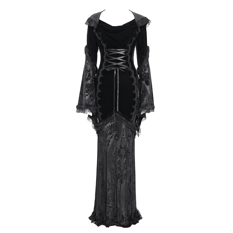 DEVIL FASHION Women's Gothic Floral Embroidered Mesh Splice Lace-up Hooded Dress Black