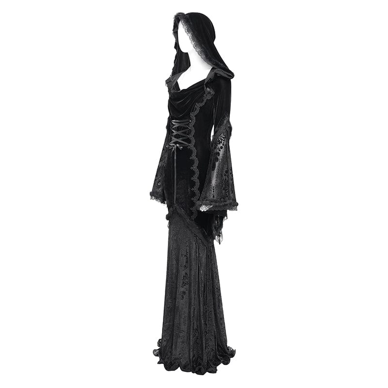 DEVIL FASHION Women's Gothic Floral Embroidered Mesh Splice Lace-up Hooded Dress Black