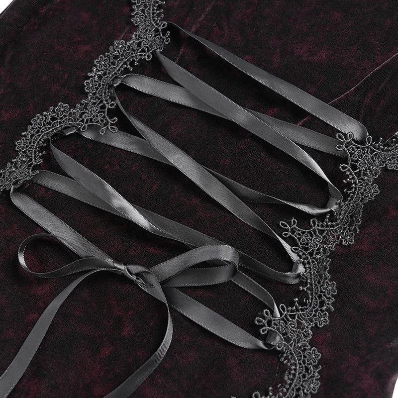 DEVIL FASHION Women's Gothic Floral Embroidered Mesh Splice Lace-up Hooded Dress Red