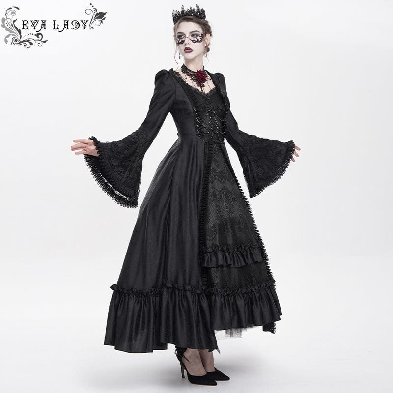 DEVIL FASHION Women's Gothic Floral Embroidered Ruched Lace-up Long Sleeved Dress Black