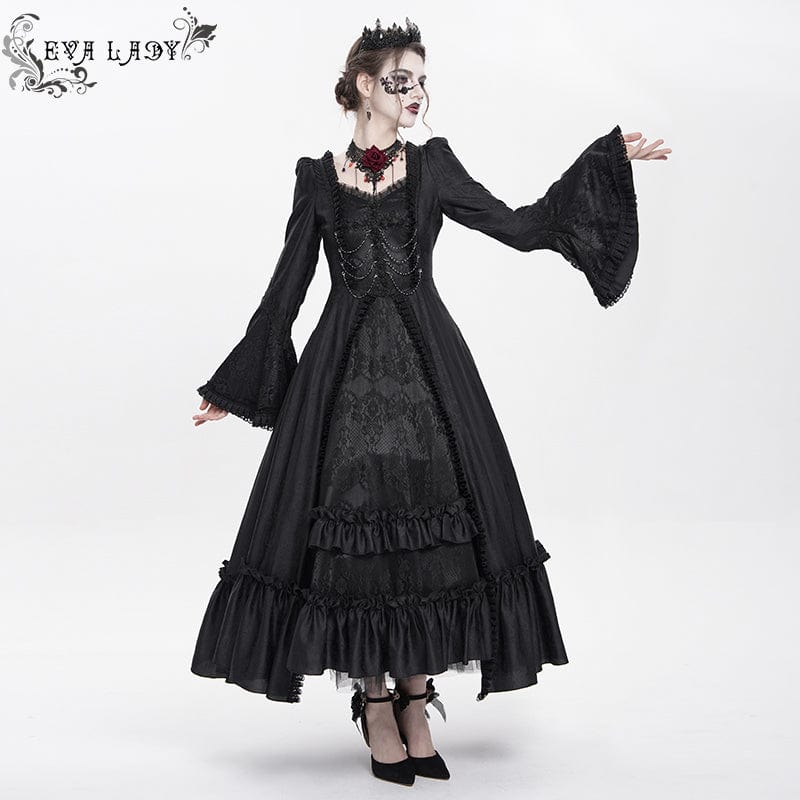 DEVIL FASHION Women's Gothic Floral Embroidered Ruched Lace-up Long Sleeved Dress Black
