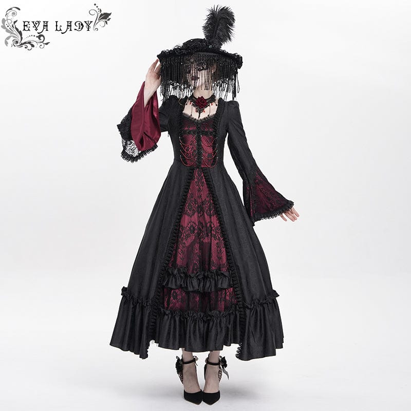 DEVIL FASHION Women's Gothic Floral Embroidered Ruched Lace-up Long Sleeved Dress Red