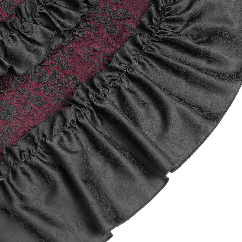 DEVIL FASHION Women's Gothic Floral Embroidered Ruched Lace-up Long Sleeved Dress Red