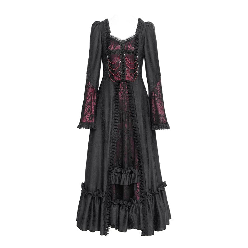 DEVIL FASHION Women's Gothic Floral Embroidered Ruched Lace-up Long Sleeved Dress Red