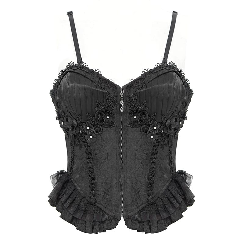 DEVIL FASHION Women's Gothic Floral Embroidered Ruffled Lace-up Tank Top Black