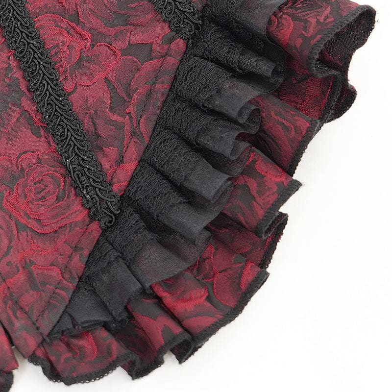 DEVIL FASHION Women's Gothic Floral Embroidered Ruffled Lace-up Tank Top Red