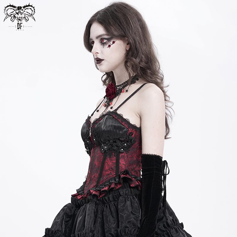 DEVIL FASHION Women's Gothic Floral Embroidered Ruffled Lace-up Tank Top Red