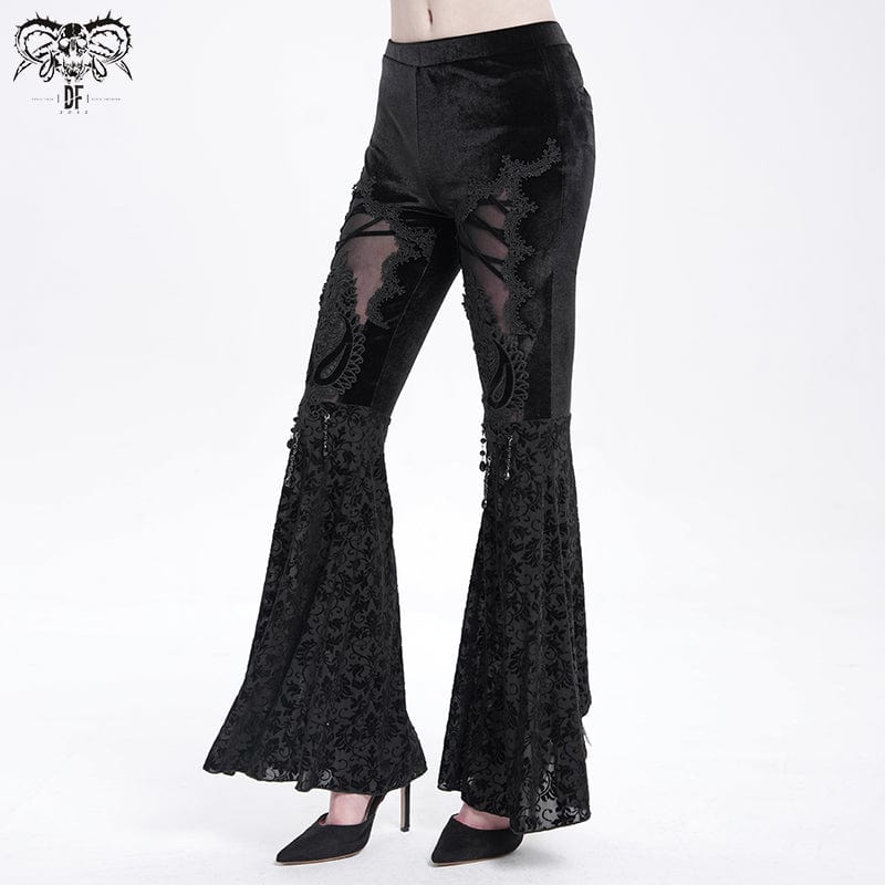 DEVIL FASHION Women's Gothic Floral Embroidered Velvet Flared Pants