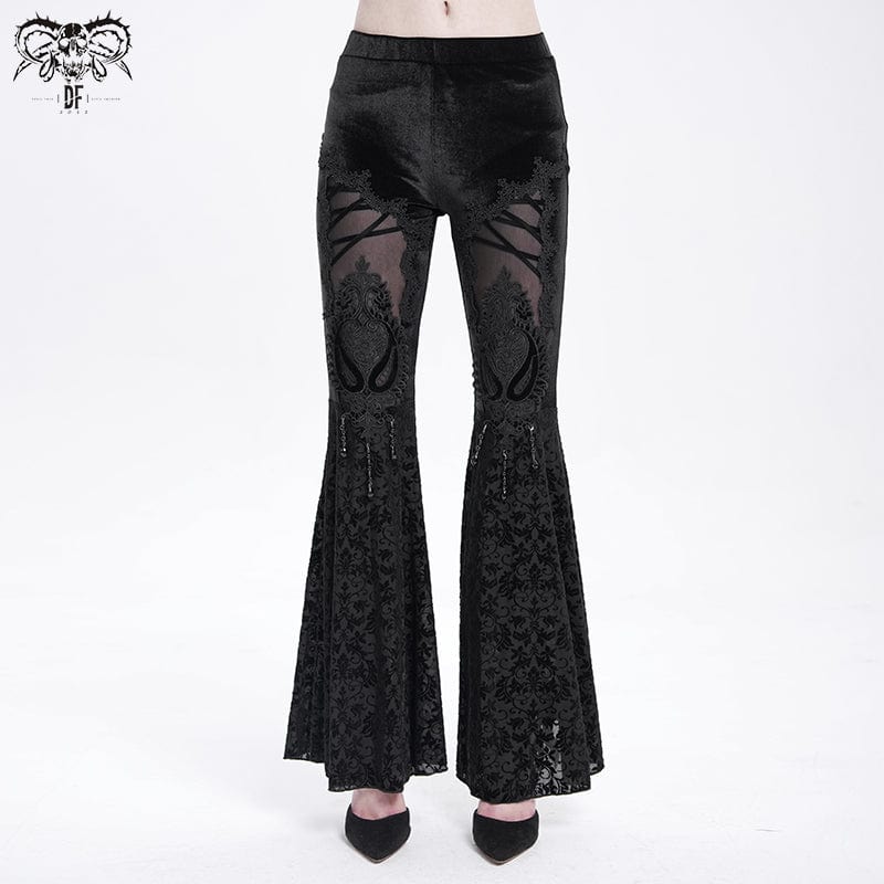 DEVIL FASHION Women's Gothic Floral Embroidered Velvet Flared Pants