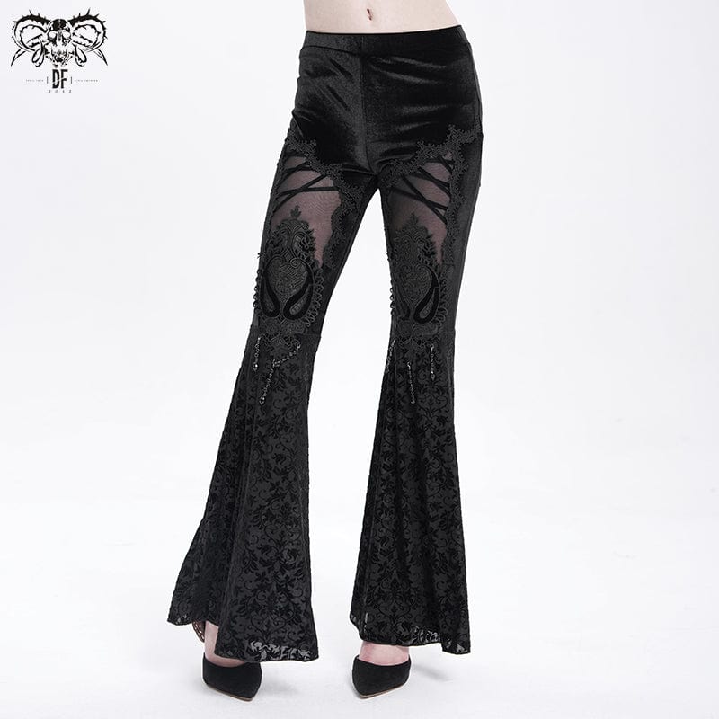 DEVIL FASHION Women's Gothic Floral Embroidered Velvet Flared Pants
