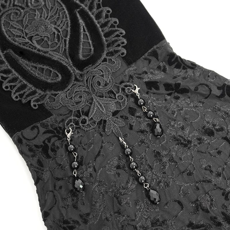 DEVIL FASHION Women's Gothic Floral Embroidered Velvet Flared Pants