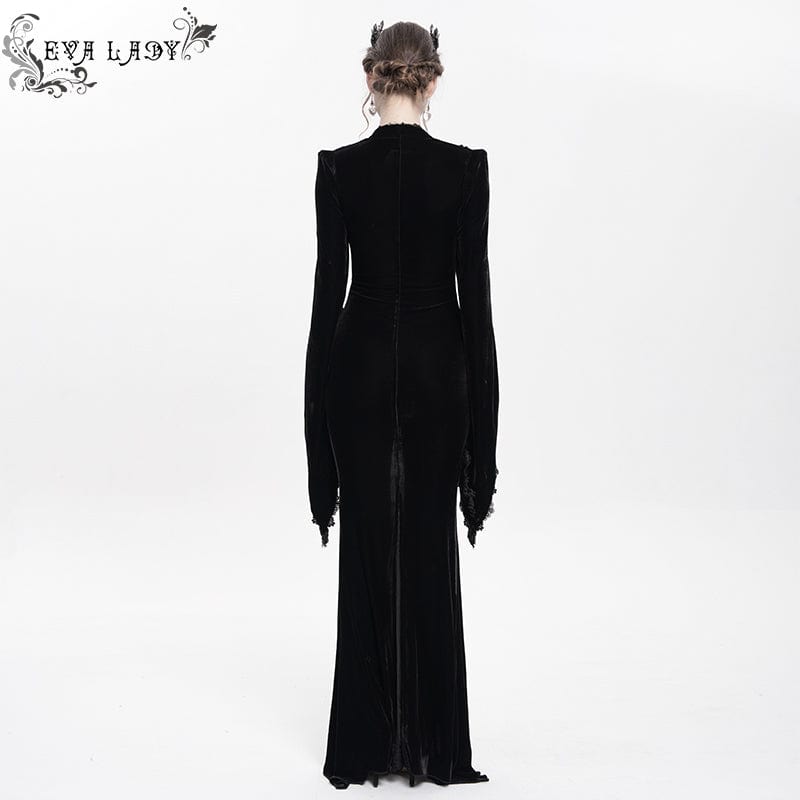 DEVIL FASHION Women's Gothic Floral Embroidered Velvet Long Dress Black