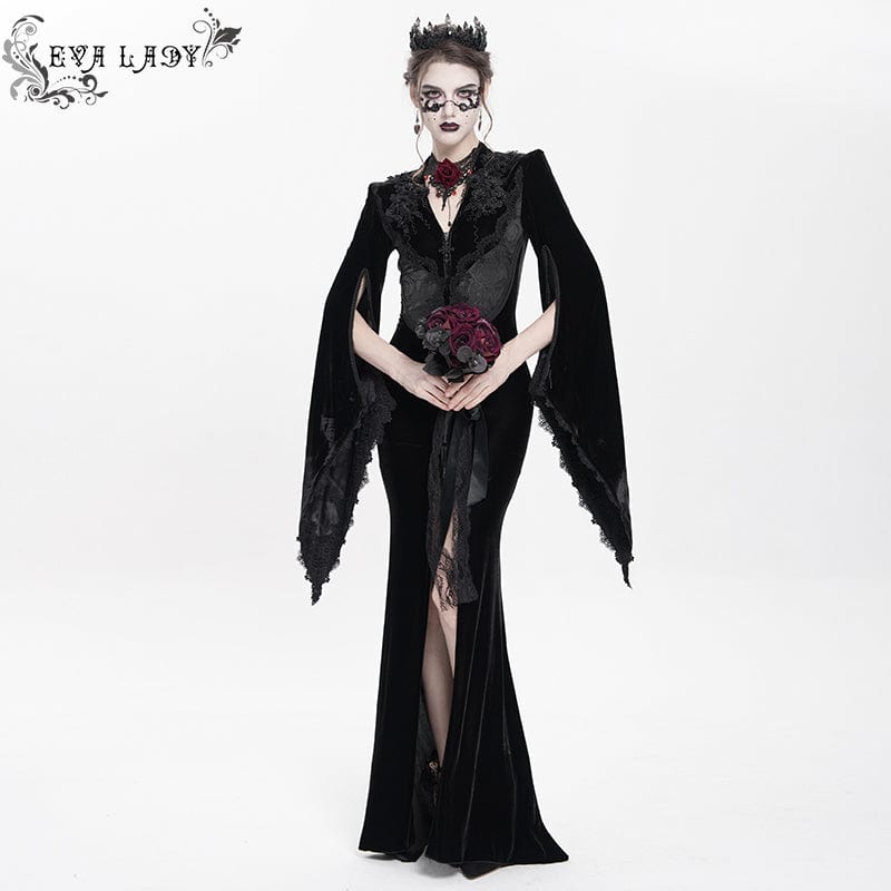 DEVIL FASHION Women's Gothic Floral Embroidered Velvet Long Dress Black