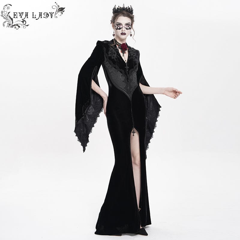DEVIL FASHION Women's Gothic Floral Embroidered Velvet Long Dress Black