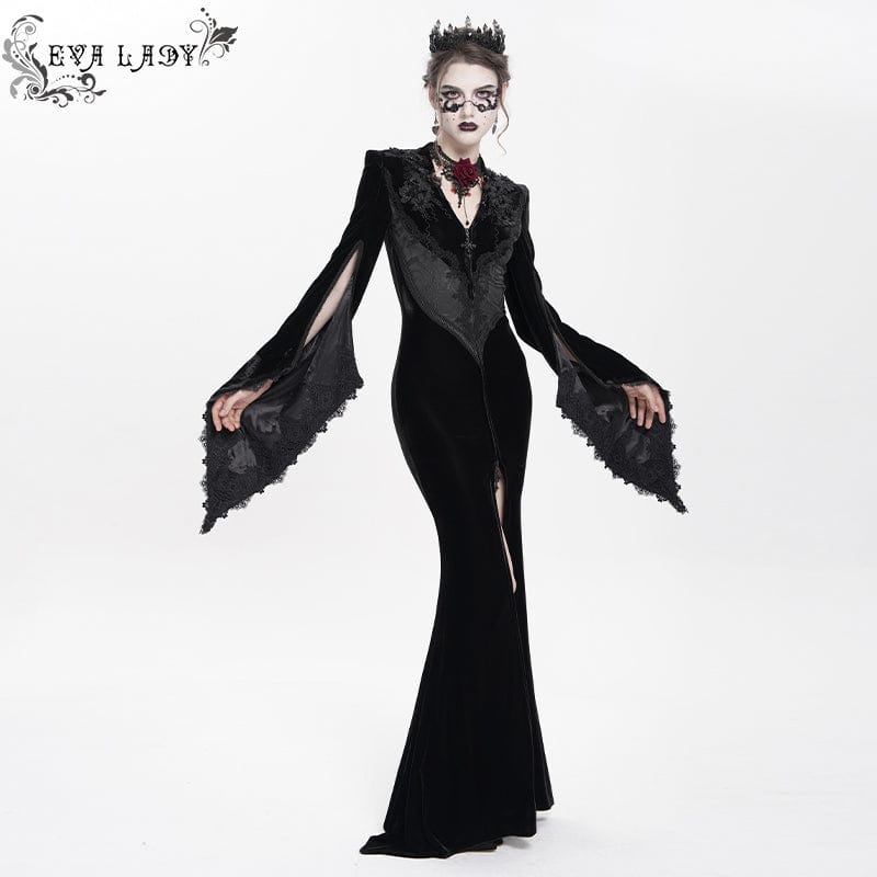 DEVIL FASHION Women's Gothic Floral Embroidered Velvet Long Dress Black
