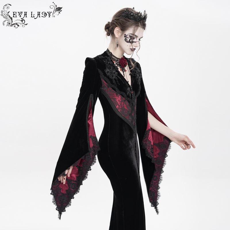 DEVIL FASHION Women's Gothic Floral Embroidered Velvet Long Dress Red