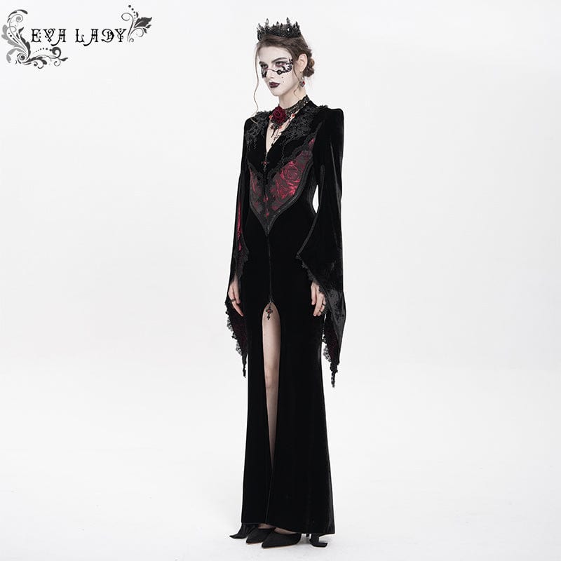 DEVIL FASHION Women's Gothic Floral Embroidered Velvet Long Dress Red