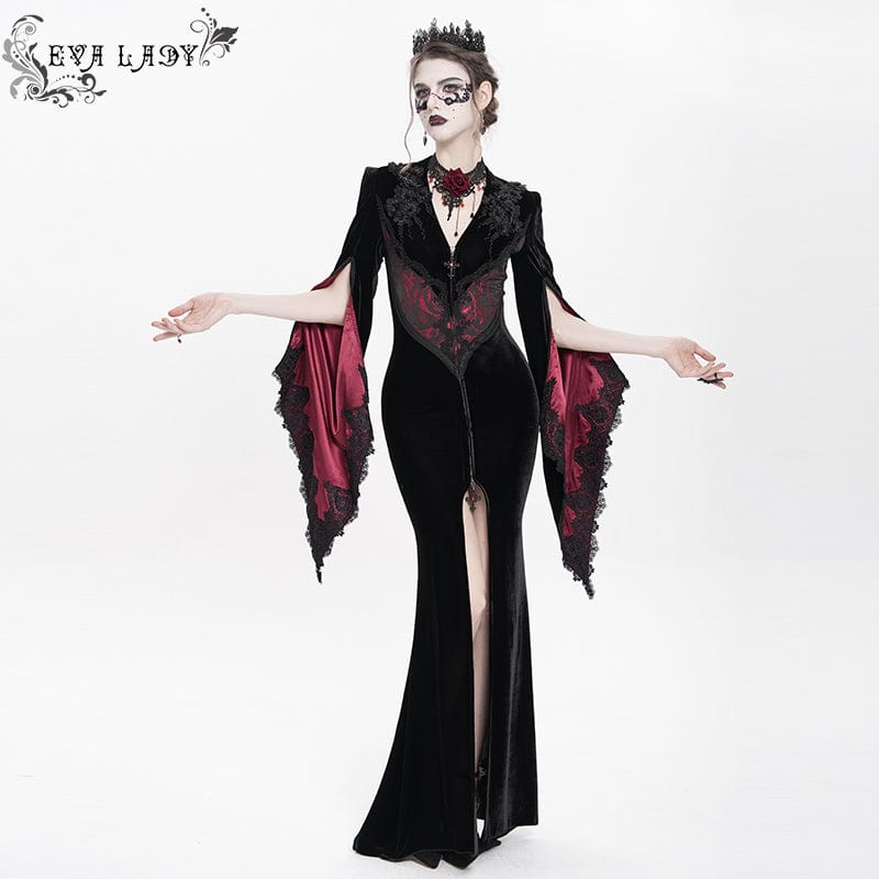 DEVIL FASHION Women's Gothic Floral Embroidered Velvet Long Dress Red