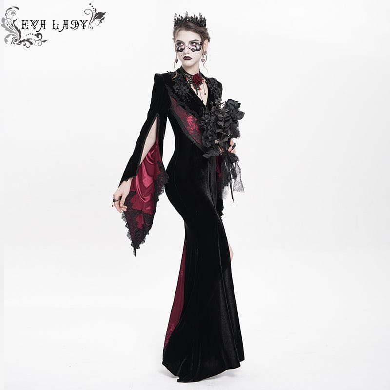 DEVIL FASHION Women's Gothic Floral Embroidered Velvet Long Dress Red