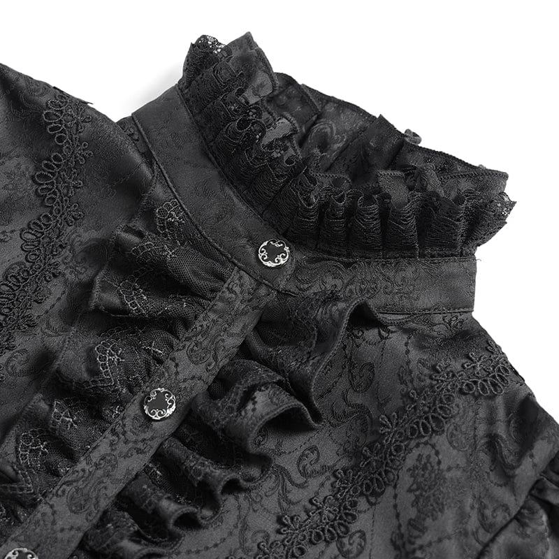DEVIL FASHION Women's Gothic Floral Jacquard Lace-up Puff Sleeved Shirt Black