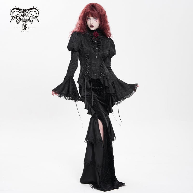 DEVIL FASHION Women's Gothic Floral Jacquard Lace-up Puff Sleeved Shirt Black