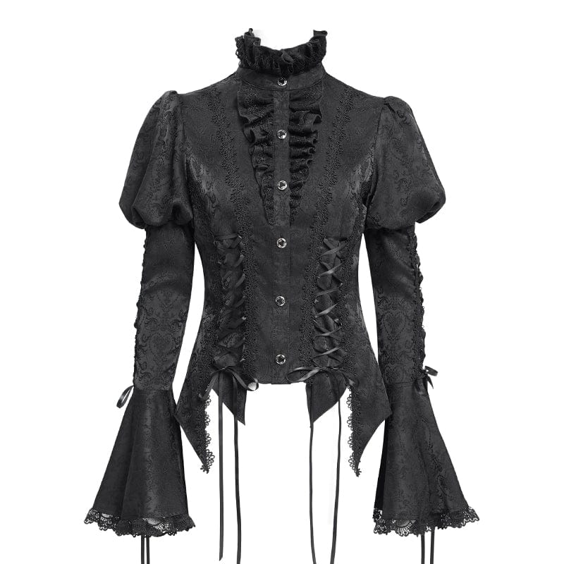 DEVIL FASHION Women's Gothic Floral Jacquard Lace-up Puff Sleeved Shirt Black